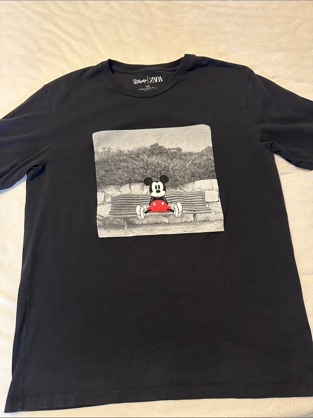 Disney/Zara Black Short Sleeve Tee with Mickey Graphic and Red Detail